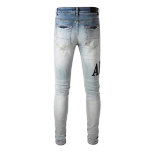 Wholesale Men's Skinny Jeans Ripped Knee Denim Pants OEM ODM Factory Price Black Patchwork Gothic Letter Print <strong>Light</strong> <strong>Trousers</strong> - Product Image 3