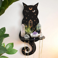 Étagère murale en bois Chat Noir Loup, support mural flottant Lune Étoile Céleste, décoration d'autel Wiccan pour bougies et cristaux