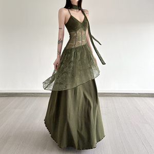 2026 Summer New Arrival Solid Color Sexy Lace Splicing Regular Backless <b>Spaghetti</b> <b>Strap</b> Halter Floor-Length Casual Camisole - Product Image 5