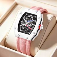 Reloj de Cuarzo Unisex de Moda Juvenil, Diseño Tonneau, Combinación de Colores Rosa y Blanco, Esfera Hueca de 47 mm, Correa de Nailon Suave, Reloj de Cuarzo para Hombre