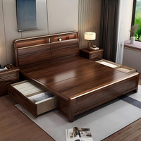 Lit coffre en bois massif couleur noyer avec rangement domestique, options lit double 1,8 m et lit simple 1,5 m