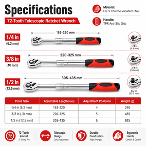 Jeu de clés à cliquet extensibles en acier à 24 dents, poignée souple, acier au carbone, qualité industrielle, couple maximal de 210 Nm, voitures OEM - Product Image 3