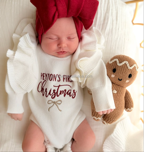 Combinaison en tricot jacquard uni 100% coton extra doux, tenue en tricot avec épaules <span class=keywords><strong>à</strong></span> volants brodés, adorable combinaison pour bébé fille - Product Image 4