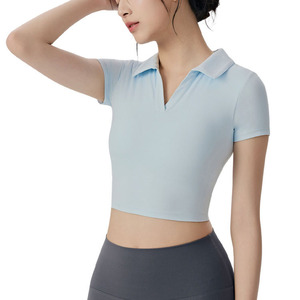 Haut de yoga col V de haute qualité avec soutien-gorge intégré, coupe ajustée, style crop top, pour femme - Product Image 4