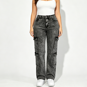 <span class=keywords><strong>Pantalon</strong></span> cargo pour <span class=keywords><strong>femme</strong></span>, coupe ample, très extensible, respirant, style Y2K, multi-poches, techwear, denim délavé, streetwear vintage, décontracté - Product Image 1