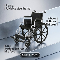 Fauteuil roulant manuel pliable en acier avec accoudoirs amovibles et repose-pieds relevables pour personnes âgées et adultes handicapés