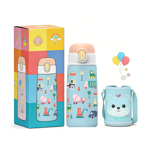 Bouteille isotherme mignonne à double paroi avec motif de dessin animé, ensemble cadeau, design facile à transporter, gourde pour enfants avec paille en silicone - Product Image 1