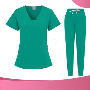 V Neck Short Sleeve Scrub Set Women's Hospital Uniform Knitted Moisture Wicking Split Set Pink Green Blue Purple - Product Image 3