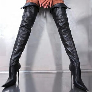 Nouveautés - Bottes hautes pour femmes, taille 47, avec empeigne lisse, fermeture éclair latérale, talon fin, bout pointu, bottes longues sexy pour femmes - Product Image 1