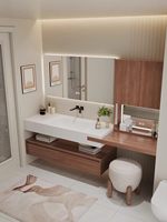 Ensemble de meubles de salle de bain moderne rétro style bois avec lavabo en dalle de pierre, coiffeuse et armoire de toilette résistante à l'eau avec éclairage LED