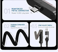 Nouveau support de téléphone portable 2-en-1 avec tête coudée USB-A et USB-C 30 broches, conception tressée, support pliable 240W pour charge rapide et transfert de données
