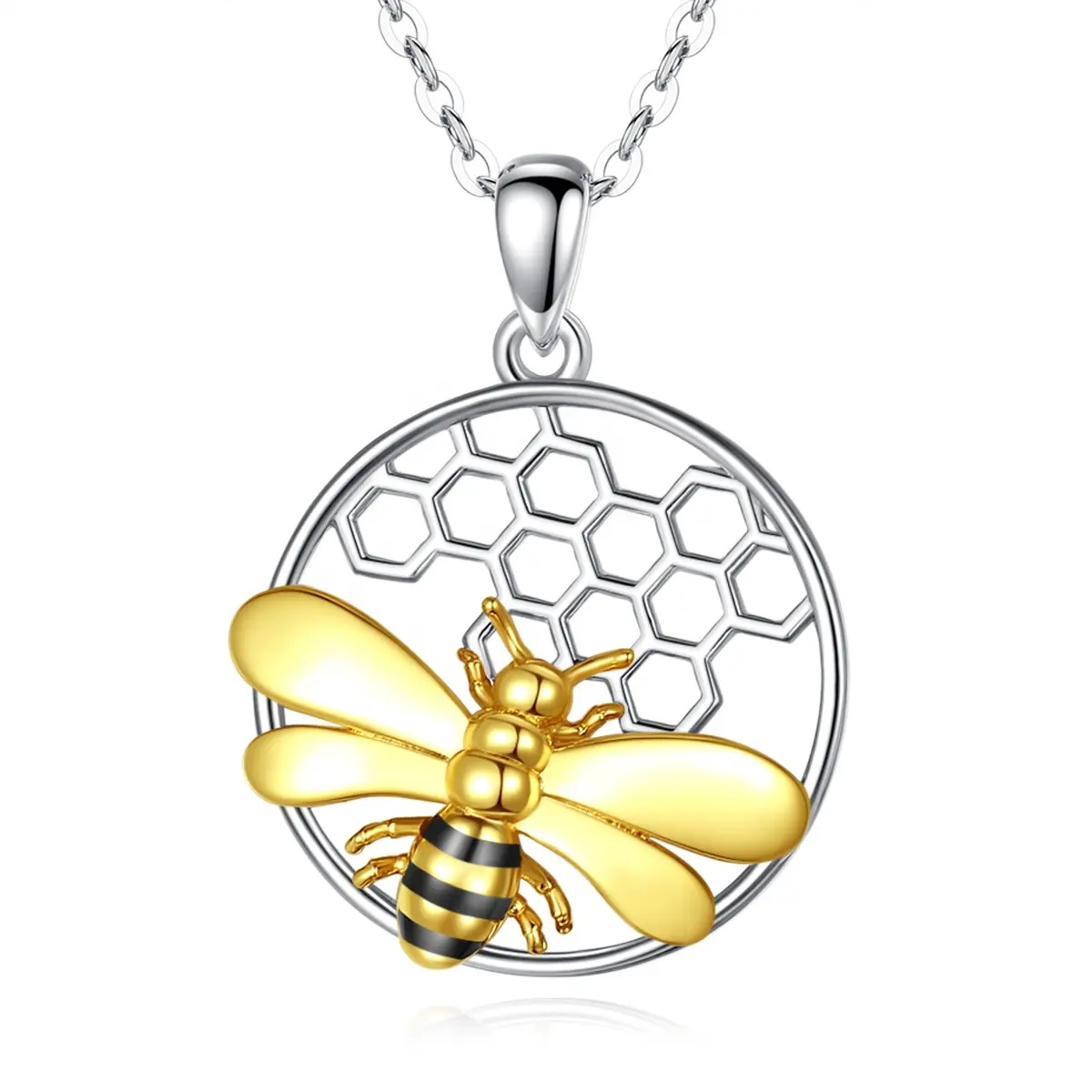 Isunni Bee Jewelry S925 Sterling Silver Rhodium Plated Honeycomb Gold Honey Bee Pendant Necklace