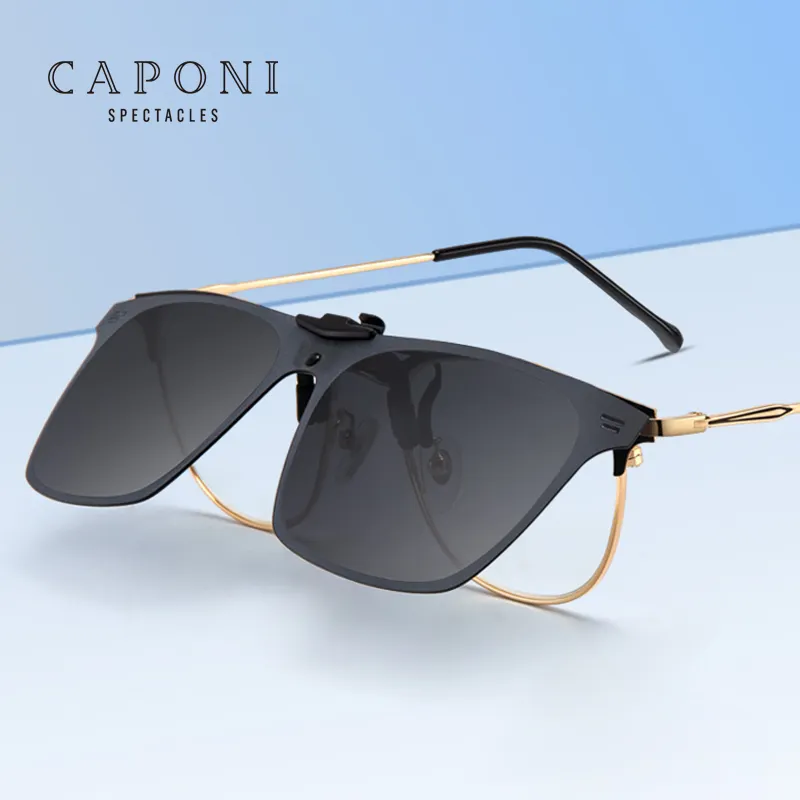 CAPONI fabrika toptan Unisex kare Metal polarize güneş gözlüğü üzerinde klip