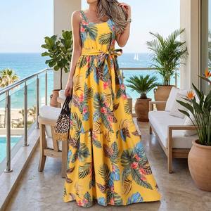 Robe longue bohème florale en mousseline translucide pour <span class=keywords><strong>femme</strong></span>, col en V sexy, bretelles élégantes, <span class=keywords><strong>grande</strong></span> <span class=keywords><strong>taille</strong></span>, idéale pour les vacances à la plage - Vente en gros 2026 - Product Image 1