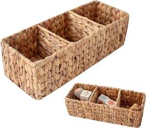 Natural Water Hyacinth <b>Baskets</b> Hand-Woven Water Hyacinth <b>Storage</b> <b>Baskets</b> 3 Section <b>Wicker</b> <b>Storage</b> <b>Basket</b> for Pantry Shelves - Product Image 4