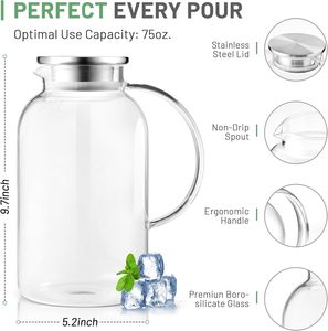 Caraffa in Vetro Borosilicato da 2000ml con Coperchio, Facile da Pulire, Resistente al Calore, per Succhi e <span class=keywords><strong>Acqua</strong></span>, con Manico per Bevande Calde/Fredde - Product Image 2