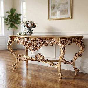 Table basse en bois massif antique de qualité supérieure, artisanale, avec accents dorés, meuble décoratif mobile pour salon - Product Image 4