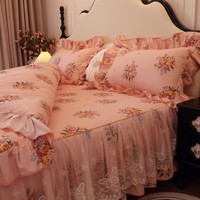 Parure de lit élégante rose à fleurs 100 % coton, style princesse à volants français, 4 pièces, housse de couette pour chambre de filles et décoration intérieure