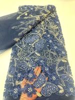 Tissu en velours bio de luxe bleu roi avec broderie florale 3D, appliques, sequins et perles de haute qualité pour la couture de créations pour filles