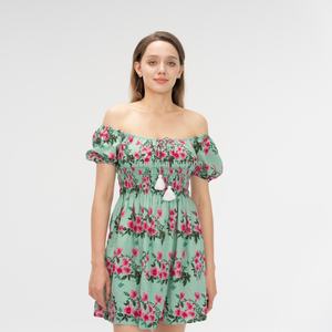 Robe florale pour femmes, personnalisée, épaules dénudées, manches courtes, coupe évasée, robe d'été décontractée - Product Image 4
