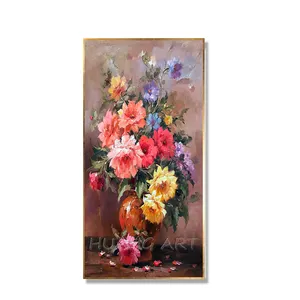 거실 장식을위한 손으로 그린 꽃 린넨 유화 고전적인 인상 꽃 벽 그림 꽃병 그림에 꽃