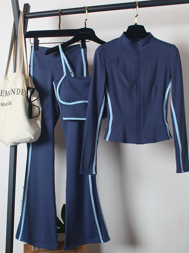 Women's Yoga Sports Suit Autumn Winter High Waist Flared Pants Slimming Quick Dry Striped Three-piece Set SY Zippers