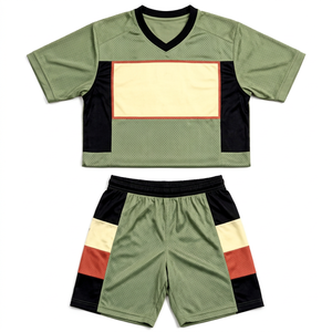 Ensemble d'uniformes de football unisexe en maille respirante, couleur verte, col en V, manches courtes, short, ensemble uniforme - Product Image 1