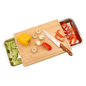 Cutting Board Chopping Block Collecting Trays Extra Large Bamboo with 2 Stainless Steel Kitchen Customized Rectangle