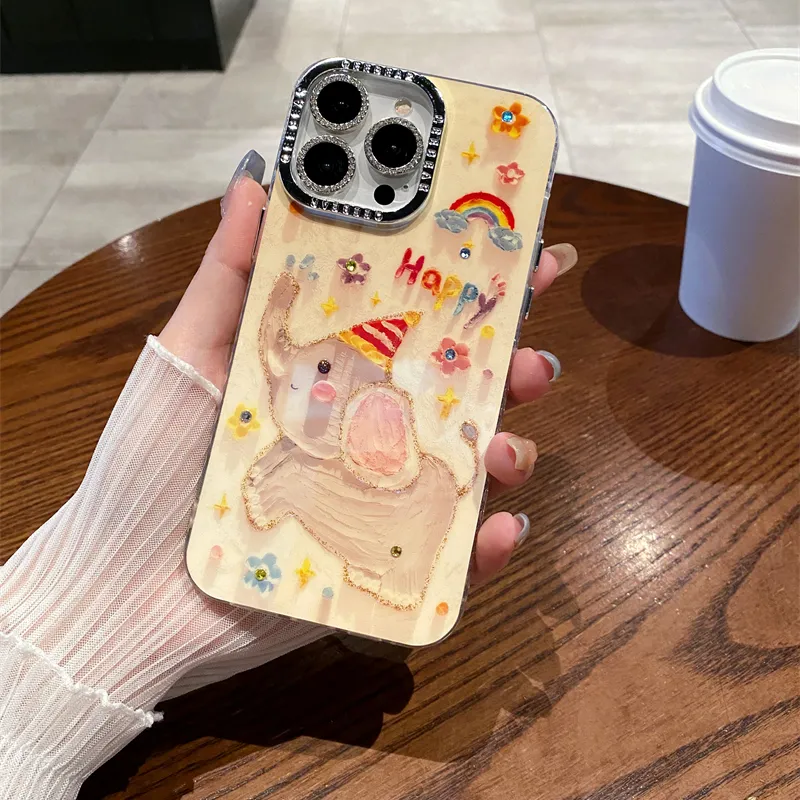 Oil Painting Stick Giraffe and Elephant Case for iphone 15 pro max 14 pro max 13 12 11 original protective cover