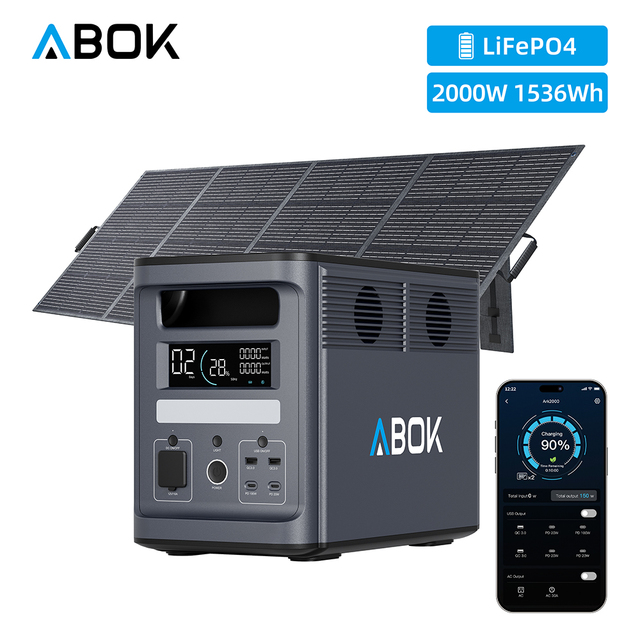 ABOK Solar Powered Station 2000W Portable Solar Generator 1536Wh LiFePO4 UPS Battery Backup 2000 Watt For Home RV Use