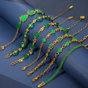 Xuping bracelete, joias retrô simulação bracelete com esmeralda jade, fivela estilo nacional, joia manual banhada a ouro