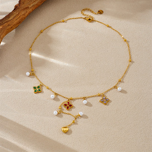 Chic Flower Pendant Necklace Stainless Steel Y Shape With Pearls And Diamonds For Gift - Product Image 3