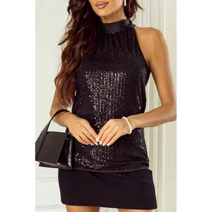 Black Sequined Halter 2024 Women Summer Fashionable Sleeveless Tank Top