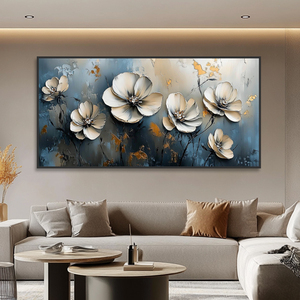 Cuadro Grande Floral Pintado a Mano sobre Lienzo con Hojas Doradas Texturizadas, Arte <span class=keywords><strong>de</strong></span> Pared con <span class=keywords><strong>Flores</strong></span> Blancas, Pintura al Óleo <span class=keywords><strong>para</strong></span> <span class=keywords><strong>Sala</strong></span> <span class=keywords><strong>de</strong></span> Estar - Product Image 5