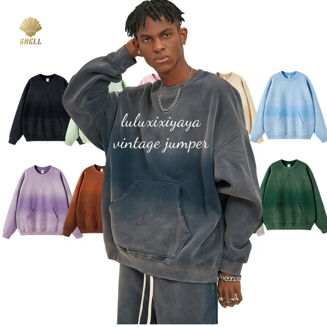 Luluxixiyaya 360gsm Thick Fleece Warm Inner Layer Crew Neck Gradient Vintage Wash Sweatshirt Unisex Jumper Sweatshirts