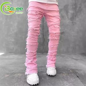 Venda por Atacado Hot Sale Calça <span class=keywords><strong>Jeans</strong></span> Masculina Skinny Boca de Sino com Franjas e Logo Personalizado de Grife - Product Image 2