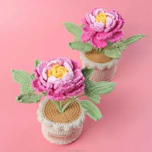 ดอกไม้ประดิษฐ์ในกระถาง ต้นพีโอนีทำมือสำหรับตกแต่งบ้าน รถยนต์ ต้นไม้ถักโครเชต์ในกระถาง - Product Image 2