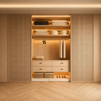 Armoire en bois sur mesure avec porte coulissante en rotin, grand tiroir de rangement, compartiment ouvert, meuble de chambre à coucher