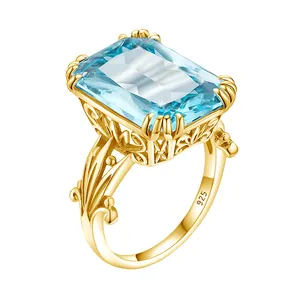 Trendy Luxury 13*18mm Rectangle Skyrim Aquamarine Ring Women's Solid 925 Silver Gold Plated customized ring manufacturer