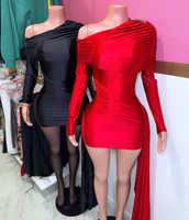 Robe pour femme Viviblook D25DS481, automne-hiver, nouvelle robe mini à manches longues, couleur unie, coupe ajustée, épaule dénudée, col à revers, ruban