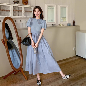 Blue Traditional Chinese Dress Women Puff Sleeves Chinese Knot Buttons Solid Color Polyester Long Skirt Elegant Style - Product Image 3