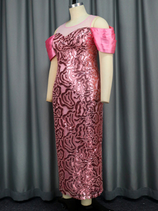 <strong>Cold</strong> <strong>Shoulder</strong> Mesh Satin Sleeves Women Pink Sequin Glitter <strong>Maxi</strong> Evening <strong>Dress</strong> - Product Image 5