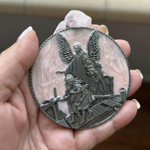 Medaglie Religiose con Angelo per Culla e Preghiera per Bambini con Nastro in Raso, Lega di Zinco Placcata Argento, Stampa Serigrafica - Product Image 3