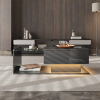 Table basse moderne et portable avec plateau en verre noir brillant, hauteur réglable, facile à nettoyer