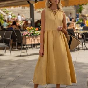 เดรสผ้าลินินเรียบง่ายแบบสั่งตัดสำหรับฤดูร้อนปี 2025 ทรงหลวม คุณภาพสูง ชุดเดรสยาวสำหรับผู้หญิง - Product Image 1