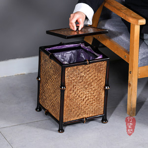 Bamboo Woven Trash Can Square With Lid Household Indoor Waste Bin Tea Room Accessory - Product Image 3