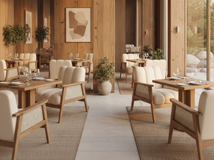 Set di Arredamento Moderno per Ristoranti: Sedie in Pelle Bianca con Tavolo in Legno Massello per Ristoranti Fast Food - Product Image 1