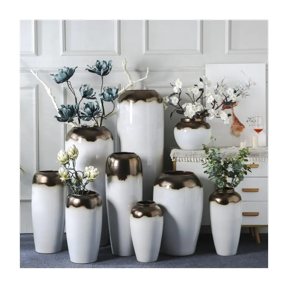 European living room ornaments flower pot arrangement hotel decoration Jingdezhen ceramic floor tall vase light luxury white
