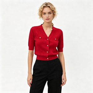 <span class=keywords><strong>Cardigan</strong></span> en tricot <span class=keywords><strong>rouge</strong></span> pour femmes, manches courtes, col en V, boutonné, coupe ajustée, chemisier décontracté en tricot, vêtements en tricot - Product Image 1