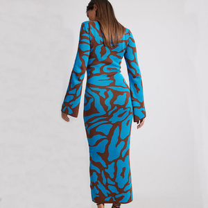 High Quality Autumn Knit Women Elegant <strong>Dress</strong> Flared Long Sleeves Bodycon Fit Women Print <strong>Maxi</strong> <strong>Dress</strong> - Product Image 6